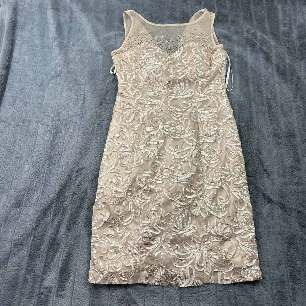 Ignite Evenings Carol Lin Champagne Floral Ribbon Sequin Illusion Dress 6